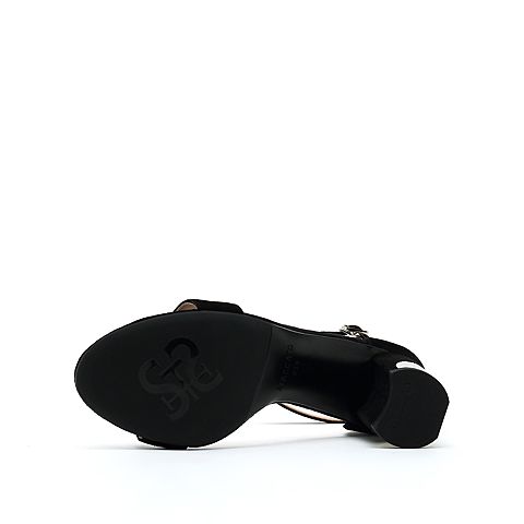 思加图春季新款黑色优雅粗高跟一字式扣带女纯凉鞋9VN28BL9