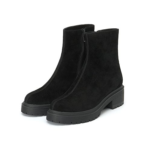 思加图冬季新款简约粗跟侧拉链羊绒皮短靴女皮靴D9861DD9