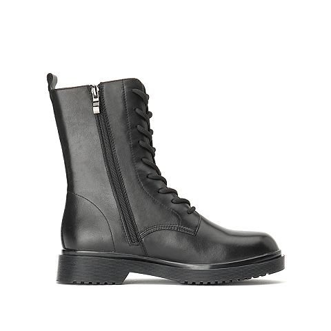 思加图冬季新款马丁靴系带侧拉链粗跟牛皮中靴女皮靴子N4304DZ9