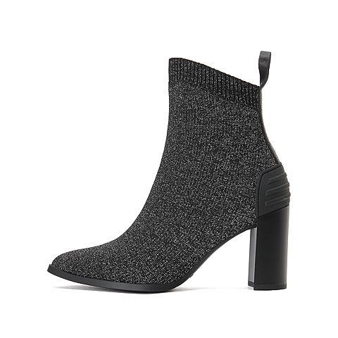 思加图2020冬季新款尖头粗高跟飞织帮面个性袜靴女短靴子9H114DD0