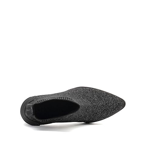 思加图2020冬季新款尖头粗高跟飞织帮面个性袜靴女短靴子9H114DD0