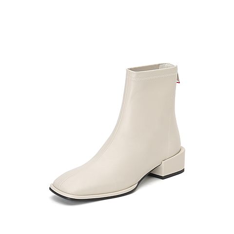 思加图2020冬季新款简约方头后拉链牛皮革短靴女皮靴子EAE01DD0