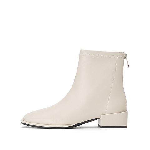 思加图2020冬季新款简约方头后拉链牛皮革短靴女皮靴子EAE01DD0