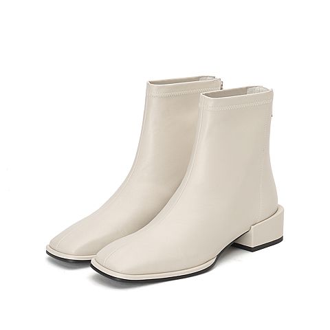 思加图2020冬季新款简约方头后拉链牛皮革短靴女皮靴子EAE01DD0