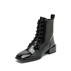 思加图2020冬季新款方头系带侧拉链漆皮短靴女皮靴子EAE06DD0