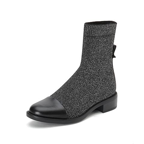 思加图2020冬季新款套筒粗跟袜靴瘦瘦靴中靴女皮靴子9H272DZ0