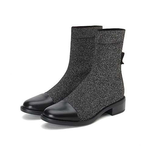 思加图2020冬季新款套筒粗跟袜靴瘦瘦靴中靴女皮靴子9H272DZ0