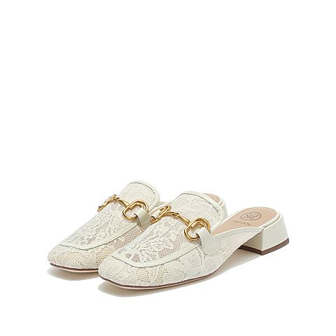 思加图2021春季新款复古方头穆勒鞋婚鞋女蕾丝外穿拖凉鞋9SC59AH1