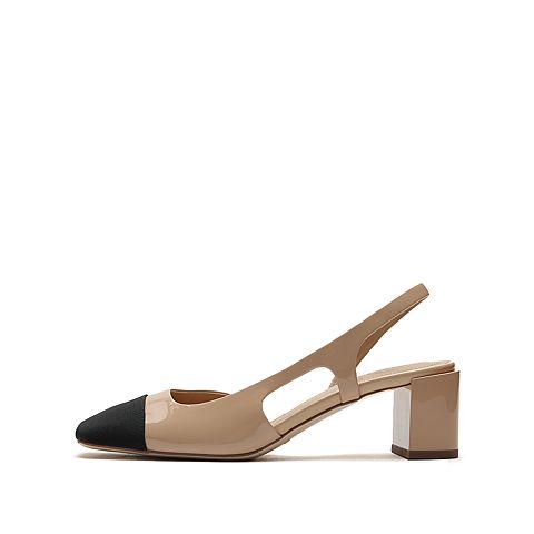 思加图2021春季新款复古方头凉鞋粗跟凉鞋女皮包头凉鞋子9UP16AH1