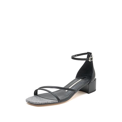 思加图2021夏季新款简约一字带凉鞋粗跟女皮凉鞋EBO06BY1