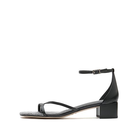 思加图2021夏季新款简约一字带凉鞋粗跟女皮凉鞋EBO06BY1