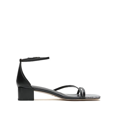 思加图2021夏季新款简约一字带凉鞋粗跟女皮凉鞋EBO06BY1