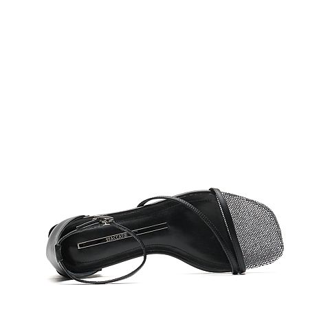 思加图2021夏季新款简约一字带凉鞋粗跟女皮凉鞋EBO06BY1