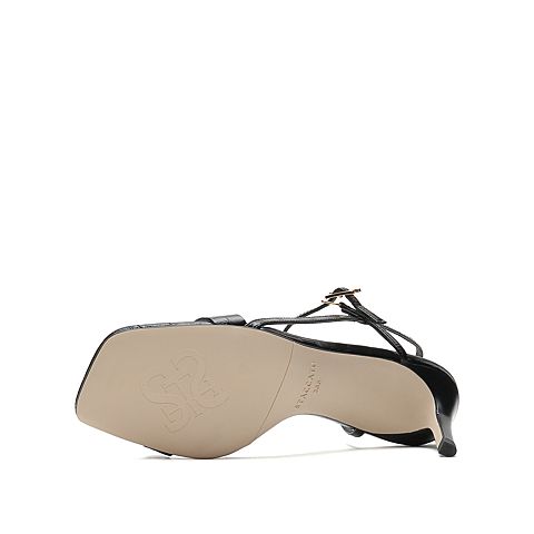 思加图2021夏季新款奶油鞋鳄纹一字带凉鞋细高跟鞋女凉鞋EBB06BL1