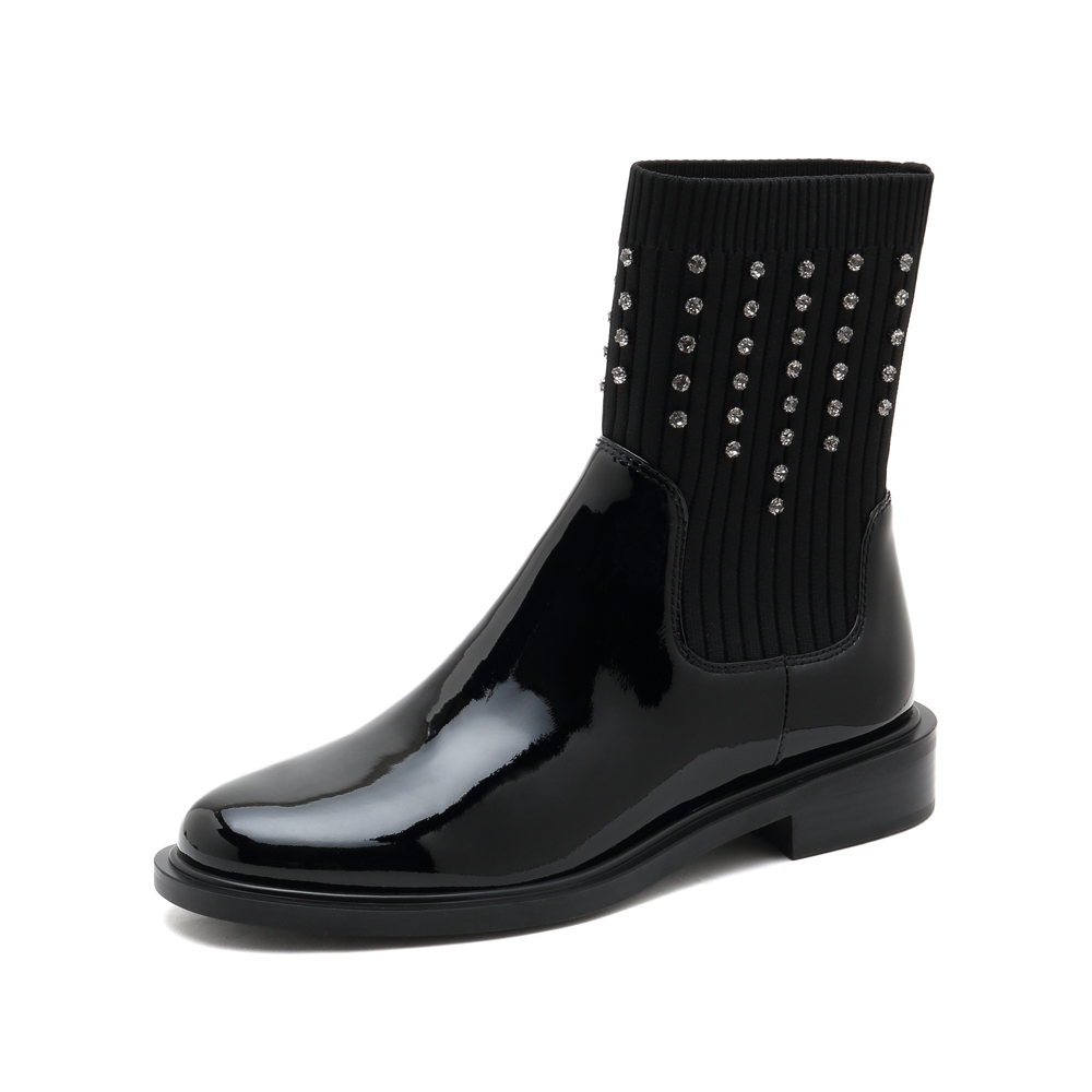 思加图2021冬季新款水钻英伦风套筒袜靴低跟中筒靴女皮靴EAJ12DZ1