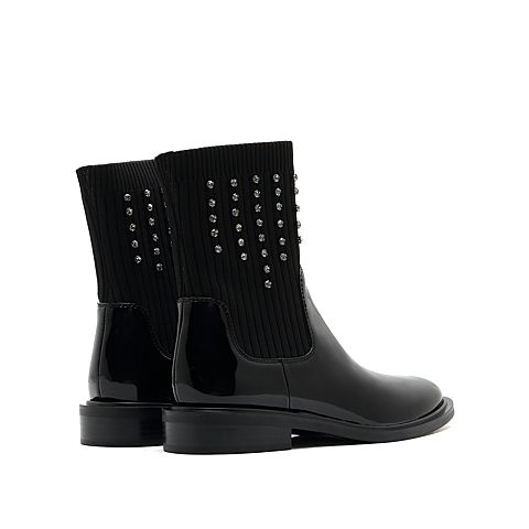 思加图2021冬季新款水钻英伦风套筒袜靴低跟中筒靴女皮靴EAJ12DZ1