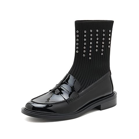 思加图2021秋季新款时尚英伦风水钻袜靴弹力靴中筒靴女靴EAJ11CZ1