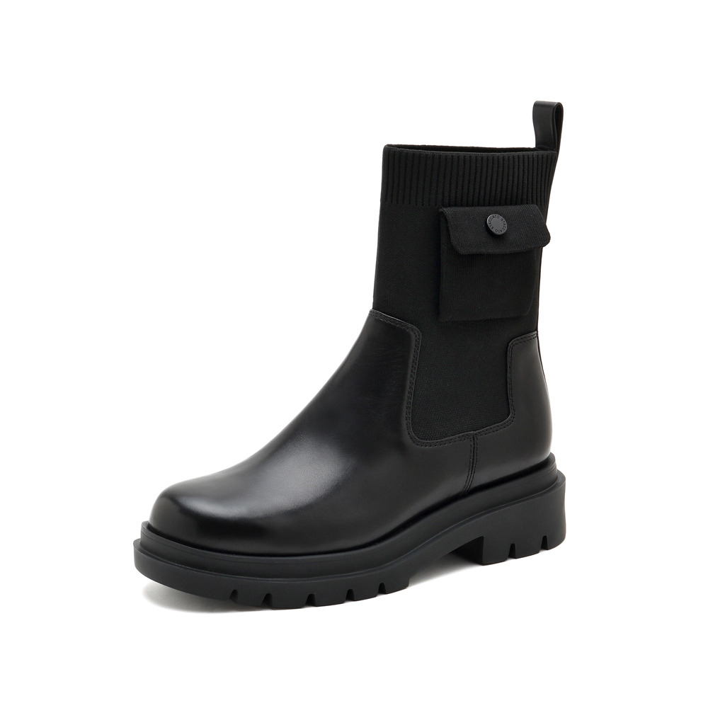 思加图2021冬季新款简约袜靴圆头粗跟弹力靴瘦瘦靴女皮靴9YJ14DS1