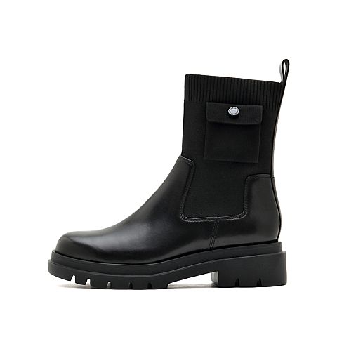 思加图2021冬季新款简约袜靴圆头粗跟弹力靴瘦瘦靴女皮靴9YJ14DS1