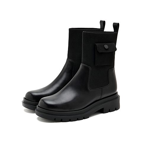 思加图2021冬季新款简约袜靴圆头粗跟弹力靴瘦瘦靴女皮靴9YJ14DS1