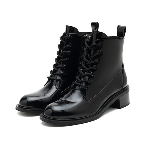 思加图2021冬季新款英伦风时尚马丁靴圆头粗跟短筒靴女靴EC301DD1