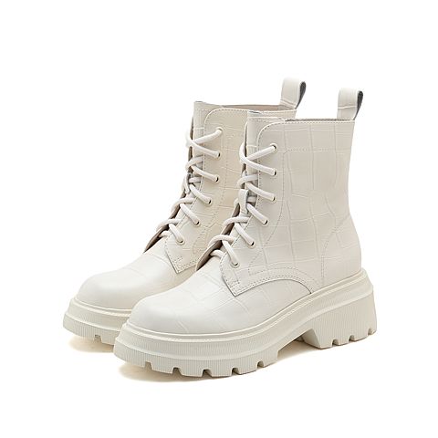思加图2021冬季新款英伦风石头纹马丁靴粗跟短靴女皮靴D3271DD1