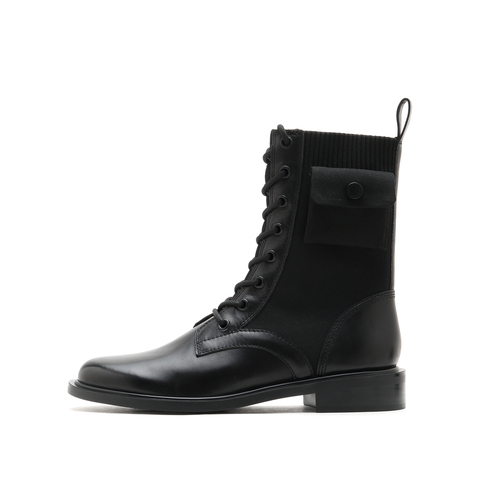 思加图2021冬季新款飞织马丁靴时尚中筒靴低跟靴子女皮靴EAJ15DZ1
