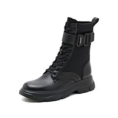 思加图2021冬季新款个性马丁靴圆头厚底系带中筒靴女皮靴9W317DZ1