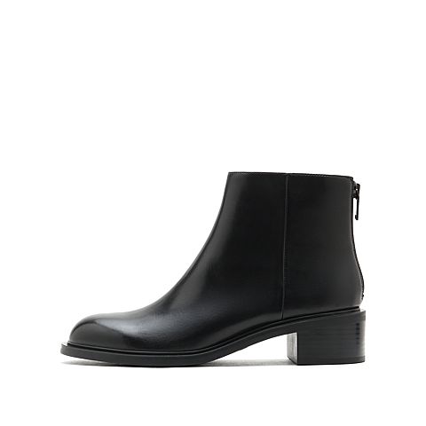 思加图2021冬季新款简约后拉链小短靴圆头粗跟靴子女皮靴EC305DD1