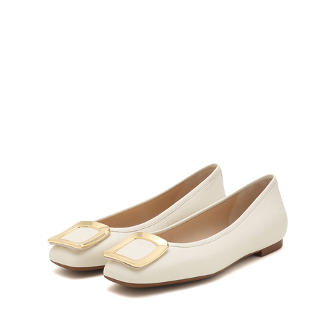 思加图2022秋季新款金属扣方头浅口单鞋平底鞋女皮鞋9UR33CQ2