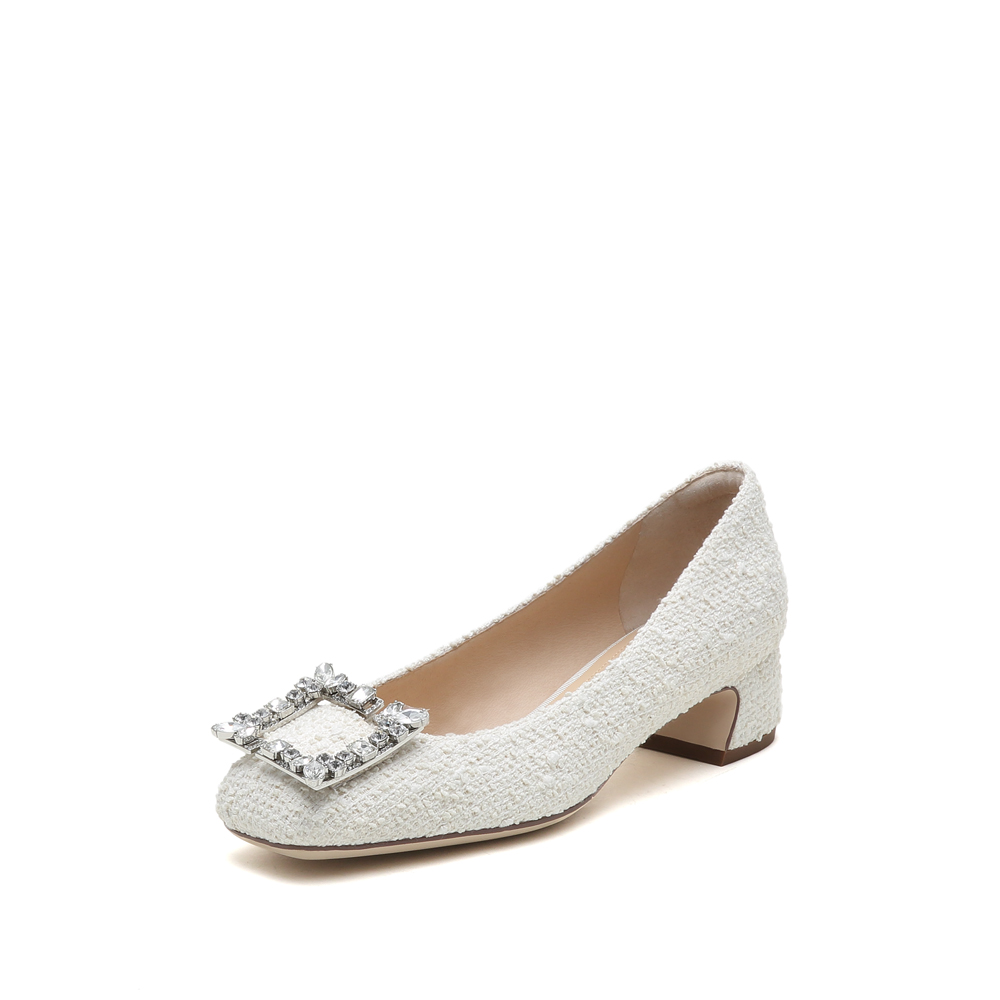 思加图2022秋季新款毛线布水钻方扣浅口单鞋粗跟女鞋EE101CQ2