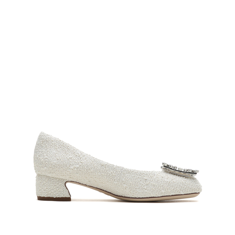 思加图2022秋季新款毛线布水钻方扣浅口单鞋粗跟女鞋EE101CQ2