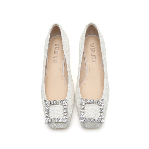 思加图2022秋季新款毛线布水钻方扣浅口单鞋粗跟女鞋EE101CQ2