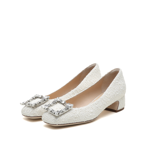 思加图2022秋季新款毛线布水钻方扣浅口单鞋粗跟女鞋EE101CQ2