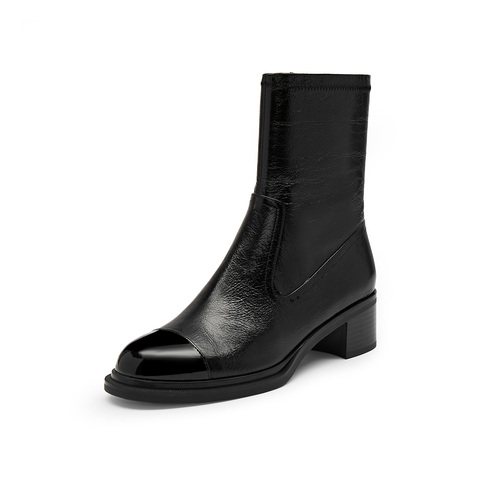 思加图2023秋季新款时尚奶油鞋中筒靴时装靴中粗跟黑色女皮靴子EC333DZ3