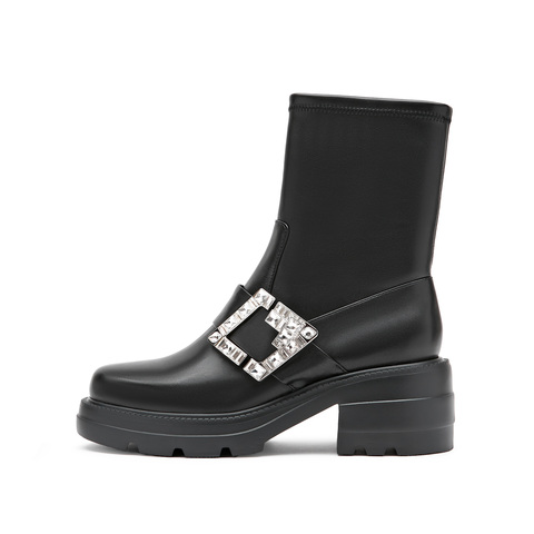 思加图2023冬季新款甜酷中筒靴瘦瘦靴厚底时装靴黑色女靴子EEZ17DZ3