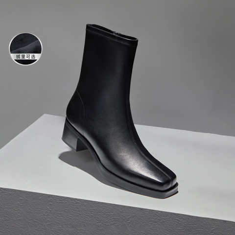 思加图2023冬季新款时尚弹力靴中筒靴方头粗跟时装靴女靴子ETN03DZ3