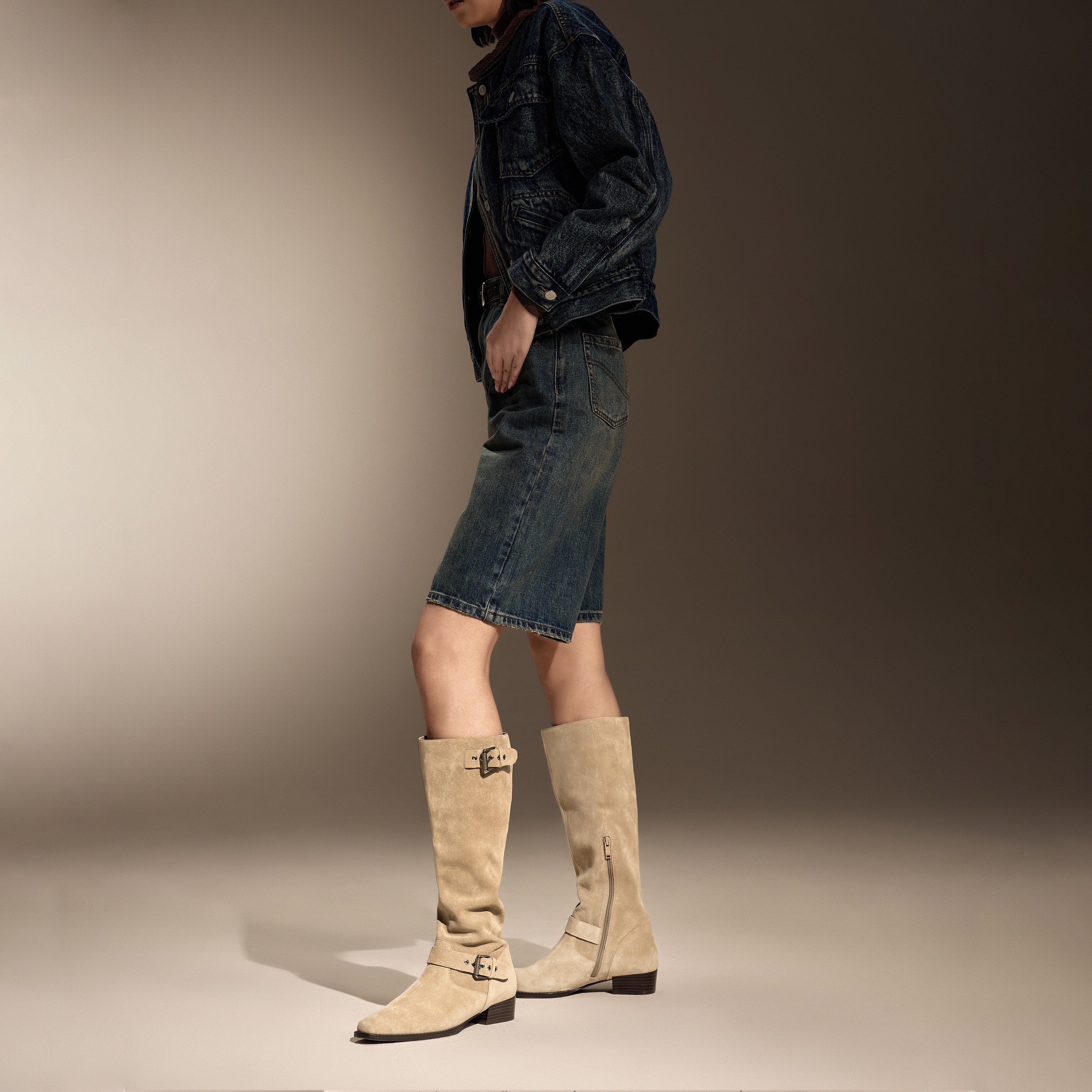 思加图2024冬季新款复古西部牛仔靴长靴高筒靴粗跟女靴子Y2551DG4