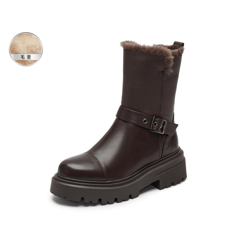 思加图2024冬季新款旅梦人机车靴中靴厚底增高女皮靴子S8537DZ4