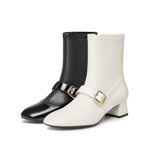 思加图2024冬季新款小玛丽奶油靴中靴粗跟时装靴女皮靴9U001DZ4