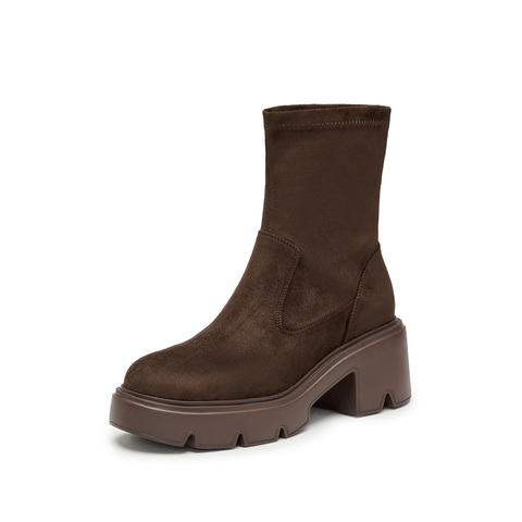 思加图2024冬季新款复古弹力靴中靴瘦瘦靴厚底增高女靴子F0512DZ4