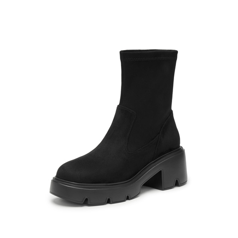 思加图2024冬季新款复古弹力靴中靴瘦瘦靴厚底增高女靴子F0512DZ4