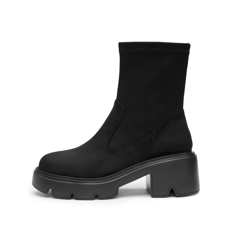 思加图2024冬季新款复古弹力靴中靴瘦瘦靴厚底增高女靴子F0512DZ4