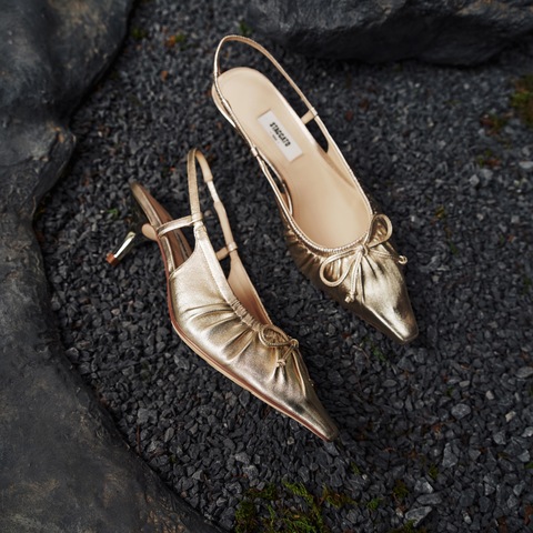 思加图2025春季新款褶金鞋奶油鞋高跟鞋包头凉鞋女后空凉鞋EA215AH5