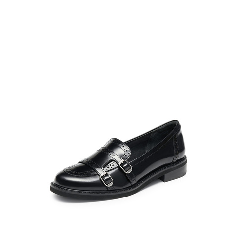 思加图2025秋季新款圆舞甜心英伦风乐福鞋一脚蹬小皮鞋黑色女单鞋EYN02CA5