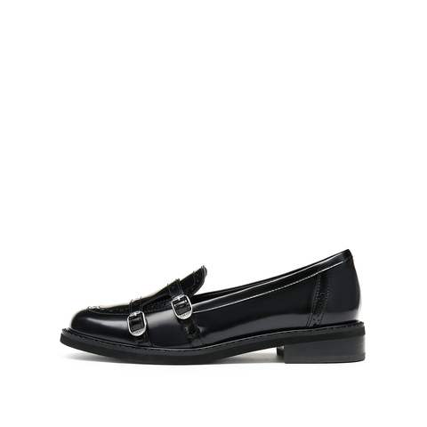 思加图2025秋季新款圆舞甜心英伦风乐福鞋一脚蹬小皮鞋黑色女单鞋EYN02CA5