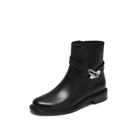 思加图2025冬季新款气质时装靴短靴粗跟黑色靴子通勤女靴EAJ47DD5