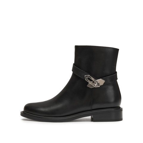 思加图2025冬季新款气质时装靴短靴粗跟黑色靴子通勤女靴EAJ47DD5