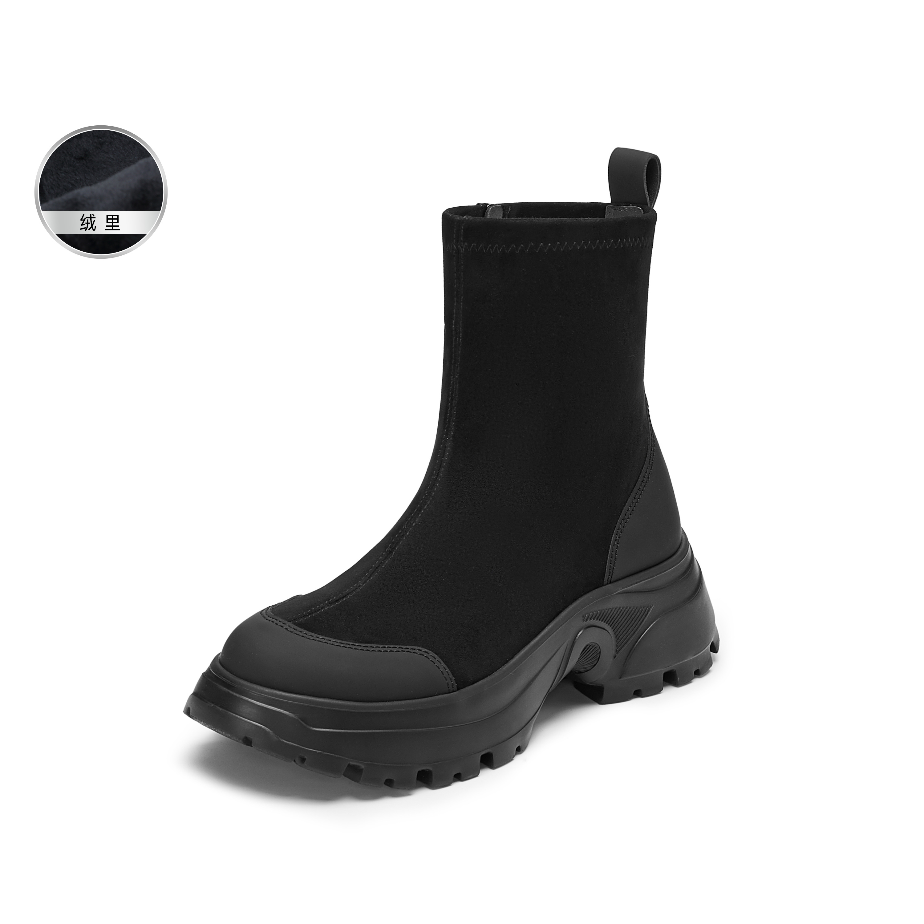 思加图2025冬季新款丝绒可可弹力靴厚底中靴瘦瘦靴女靴EFU29DZ5