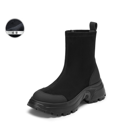 思加图2025冬季新款丝绒可可弹力靴厚底中靴瘦瘦靴女靴EFU29DZ5